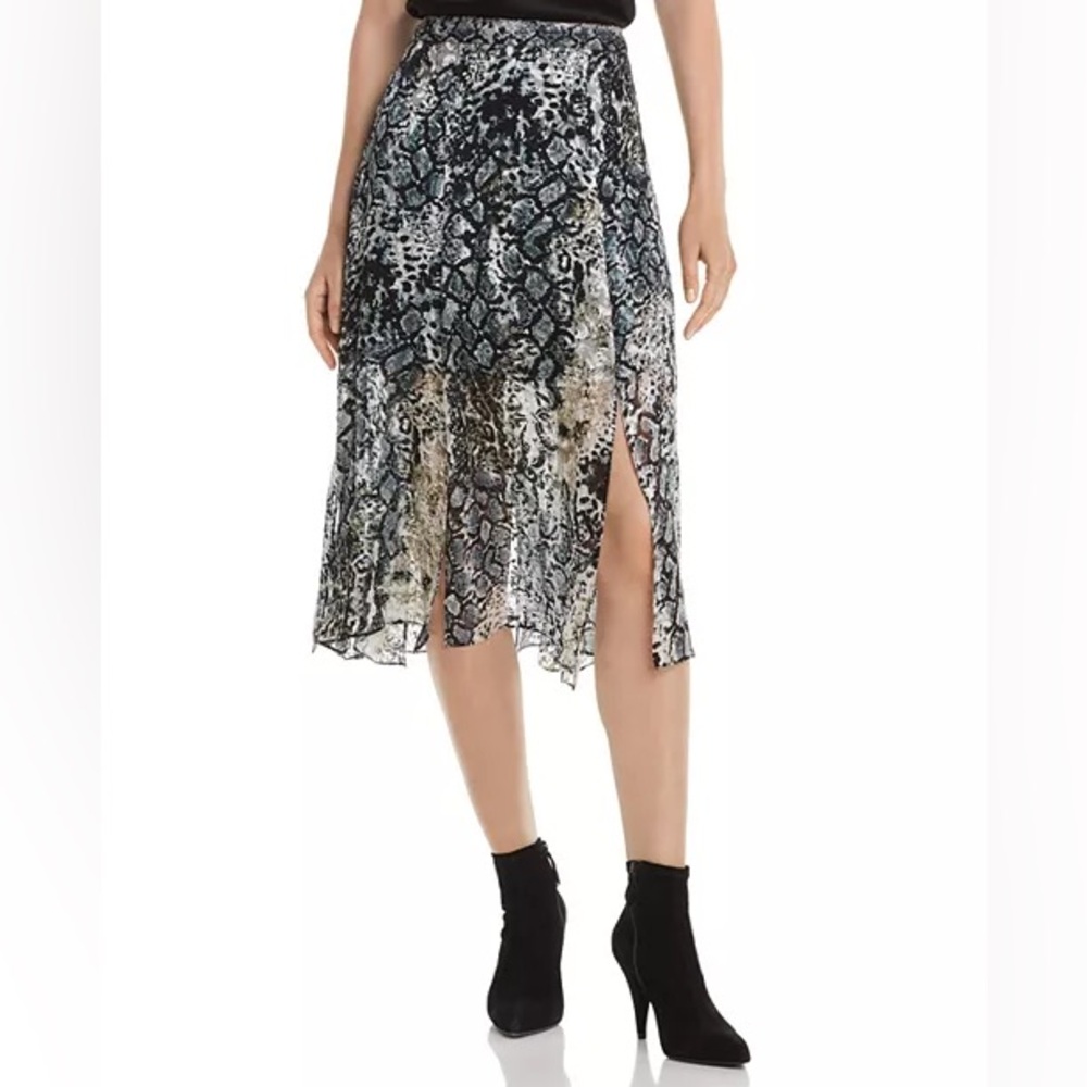 Alice and Olivia Athena Skirt Snakeskin Print Midi Burnout Sheer Slit Flowy SZ 8